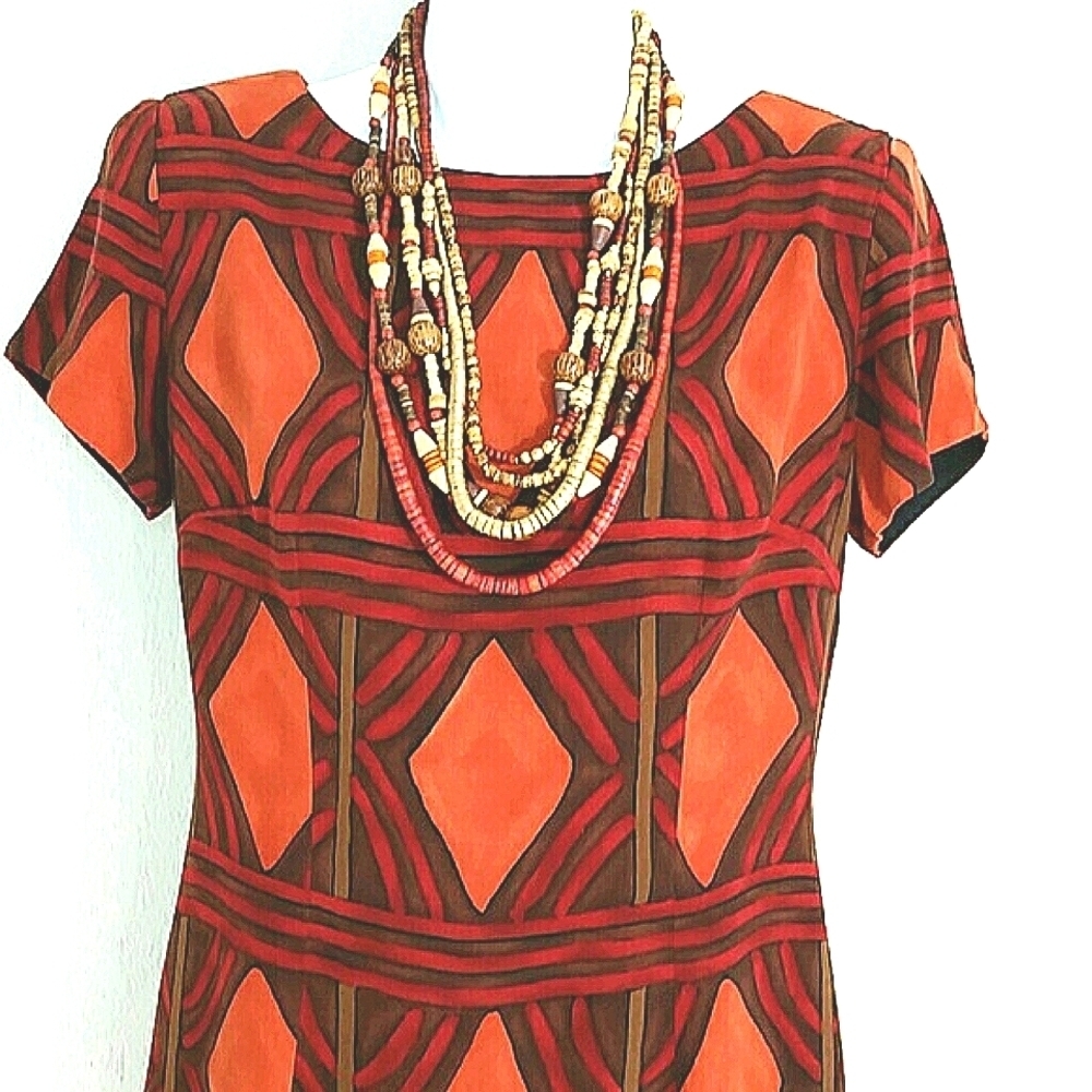 Jeffrey & Dara Size 6 Midi Dress Southwestern Geometric Print Red Orange Brown B - Picture 5 of 6